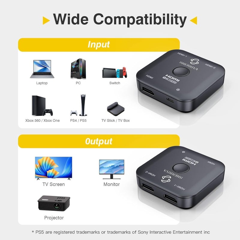 SHERRIVA 10K 8K HDMI Switch – 2 in 1 Out, Bi-Directional HDMI Splitter Switcher, 8K@60Hz, 4K@240Hz, Compatible with PS5, PS4, Xbox, Fire Stick, Apple TV, Projector - Image 5